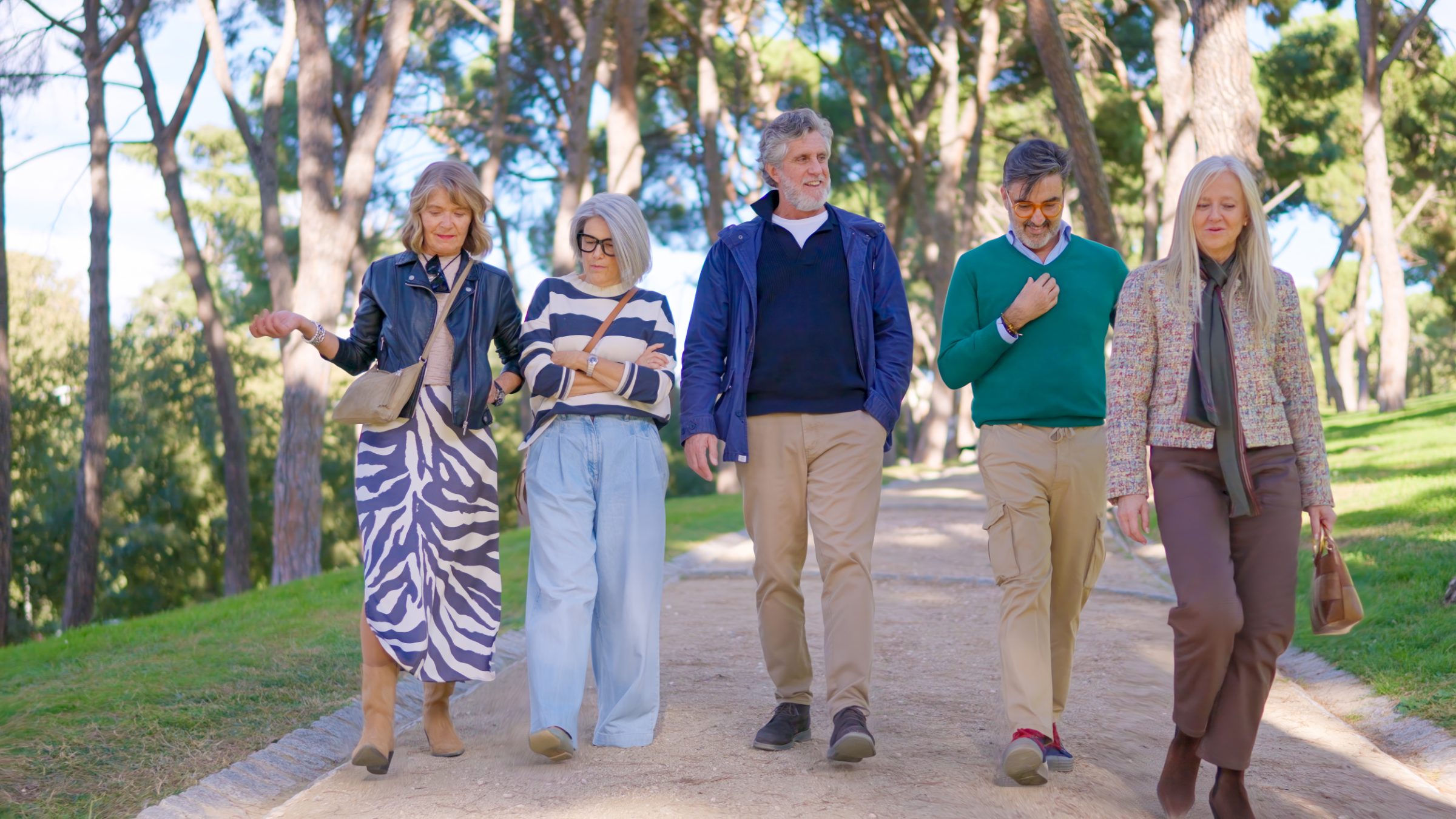 Five friends chatting as they walk together along a tree-lined path in a sunny park