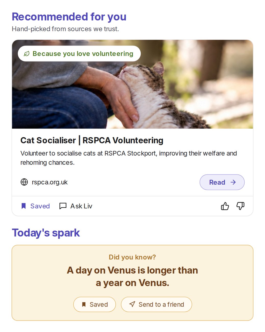LivOn Recommended for you: an RSPCA cat socialiser volunteering role, picked because the member loves volunteering, and Today's spark, a fun fact about Venus