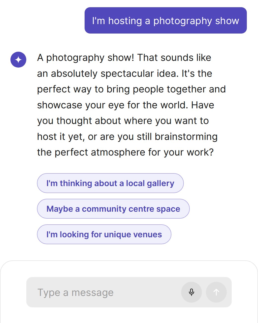 Chat with Liv: a member says they are hosting a photography show, and Liv replies with encouragement and suggests a local gallery, a community centre space or a unique venue