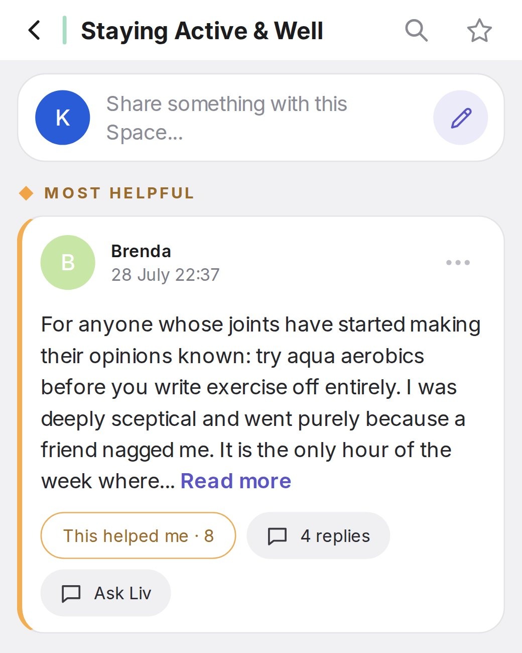A LivOn space called Staying Active and Well, where Brenda's most helpful post recommends trying aqua aerobics, with 8 people saying it helped them and 4 replies