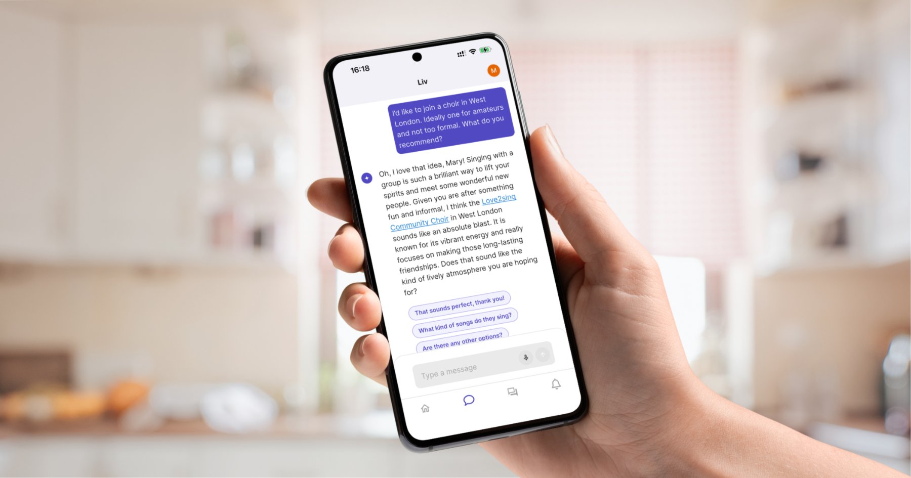 A hand holding a phone showing the LivOn app, where Liv recommends a local community choir in reply to a member's question