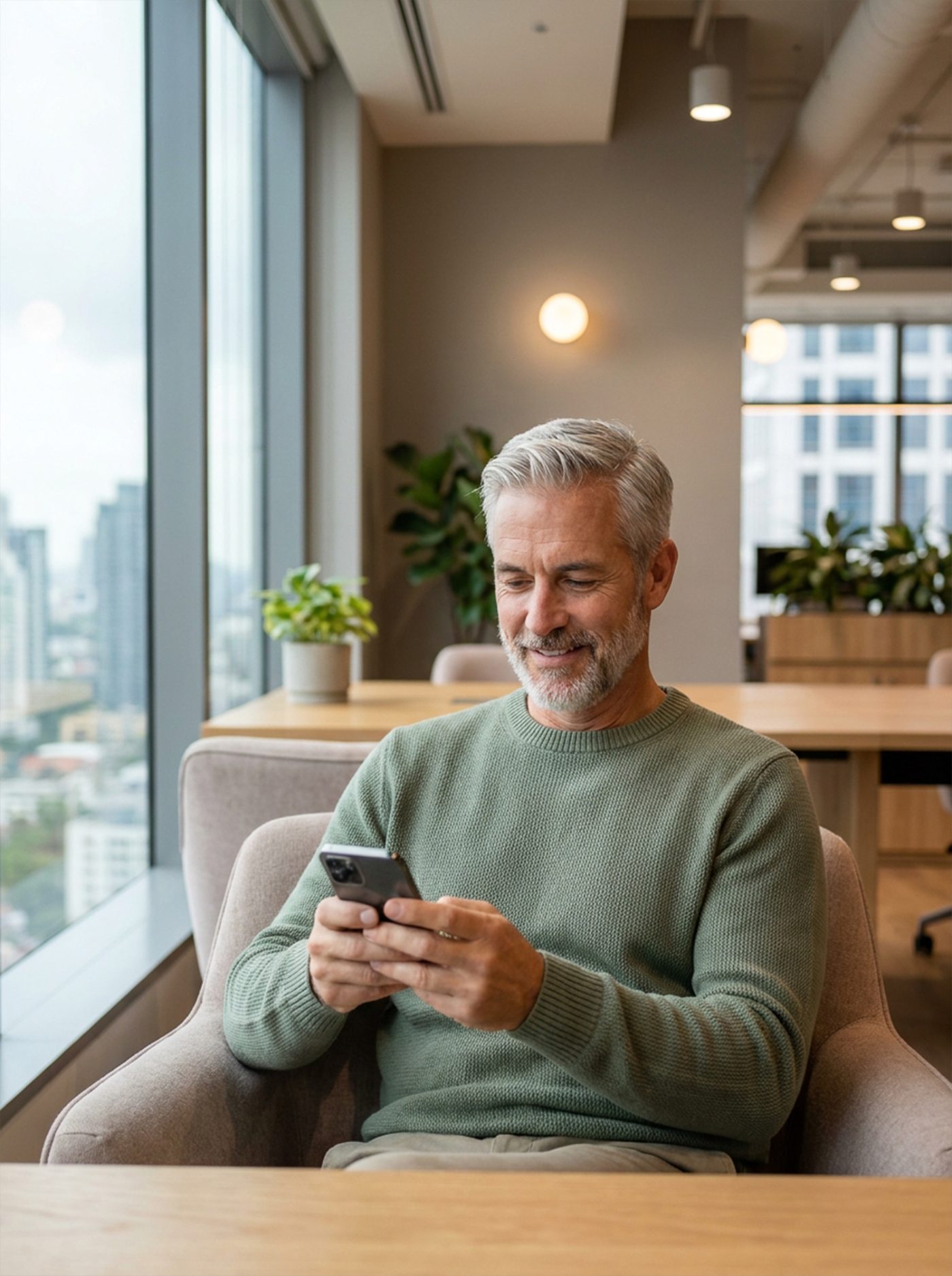 A smiling grey-haired man in a green jumper sitting in an armchair by a window, looking at his phone
